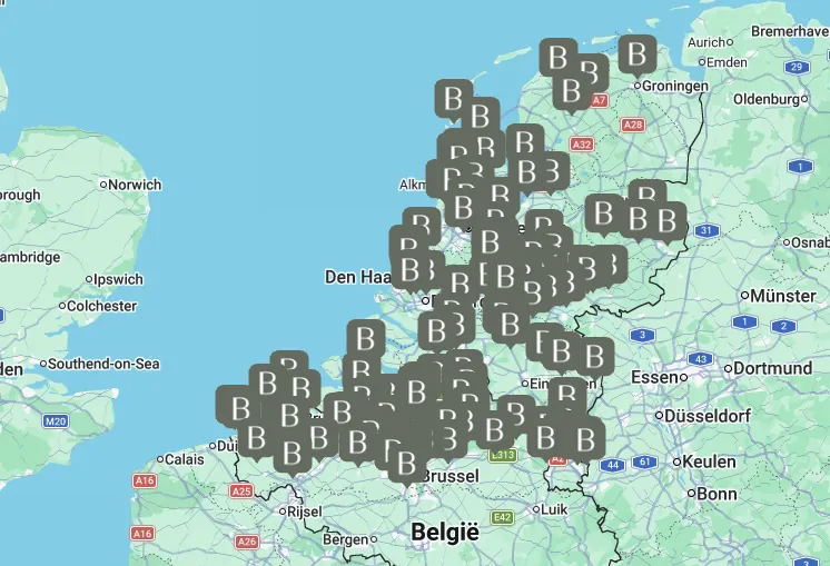 Kaart van Nederland en België met de salons en klinieken die met apparatuur van Beauty & Bodyshaping werken